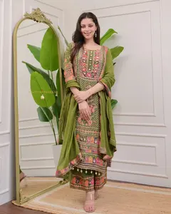 Women's Traditional Pakistani Ethnic 3-Piece Dress Set - Heavy Fancy Muslin Kurti-Pant, Matching Chanderi Dupatta, Mirror Work, Leather Accents, Elegant Fashion Lace Outfit