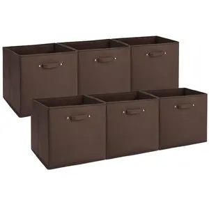 6-Pack 13 Inch Fabric Storage Bins with Faux Leather Handles, Foldable Cube Organizer Baskets for Shelves and Closet, Collapsible Storage Boxes for Clothes Toys, Brown