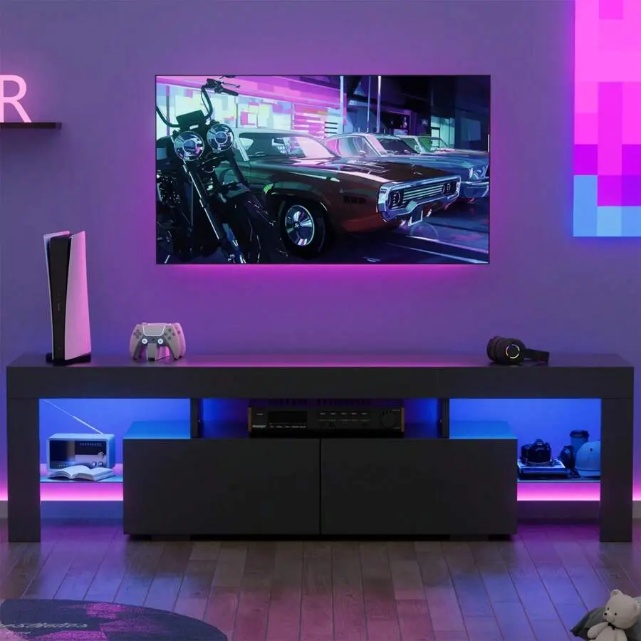 Modern TV Stand - LED Lights MDF Wood Scandinavian Style TV Console, Multi-Shelf with Non-Slip Supports, Drawers, Assembly Required for Home Decoration & Entertainment, White