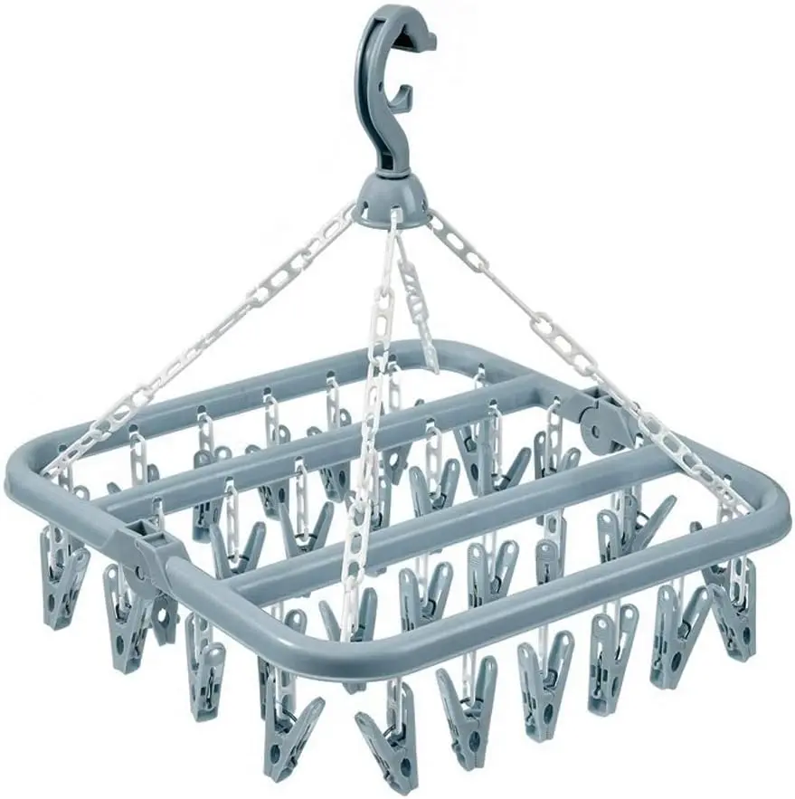 Plastic Foldable 32-Clip Adjustable Hangers, Lightweight Multifunctional Hanging Drying Rack Organiser with Drip Design for Clothes (Light Blue)