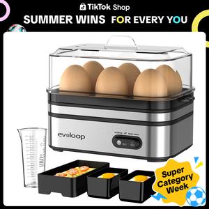 【summervibes】EVOLOOP Rapid Egg Steamer - 6-Egg Capacity, BPA-Free Stainless Steel with Clear Tritan Lid, 400W Electric Egg Cooker for Hard Bo iled, Poached, Scrambled, or Omelette, Includes Measurement Cup & 2 Poaching Trays, Auto Shut Off