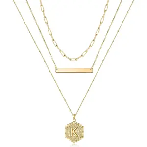 Gold Layered Initial Necklaces for Women, 14K Gold Plated Bar Necklace Handmade Layering Hexagon Letter Pendant Beads Chain Necklace Layered Necklaces for Women Gold Jewelry Gifts