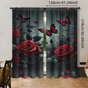 Romantic Valentine's Day Curtains, Butterfly Rose Print, Elegant Polyester Fabric, Durable Design, Suitable for Bedroom and Living Room