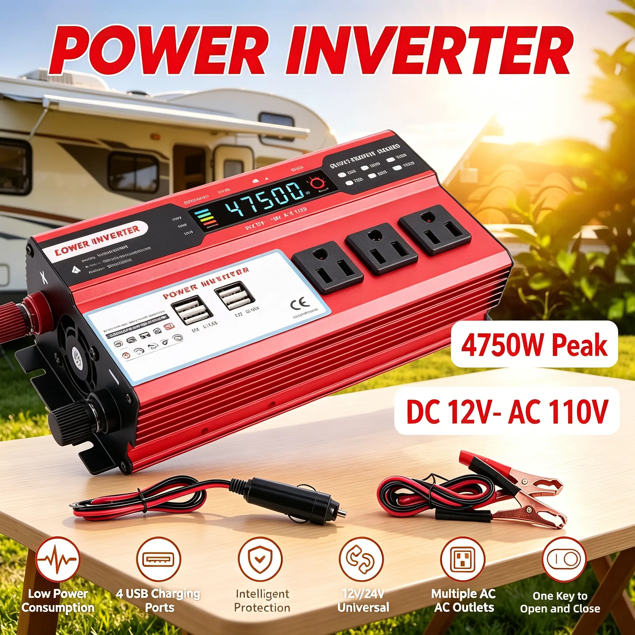 4750W High Power Pure Sine Wave Vehicle Inverter - DC 12V to AC 110V AC Conversion, Built-in Heat Dissipation, Multi-Protection Power Source for RV Trips, Camping, Outdoor, Heat Dissip., 4750W Peak, High Power 4750W