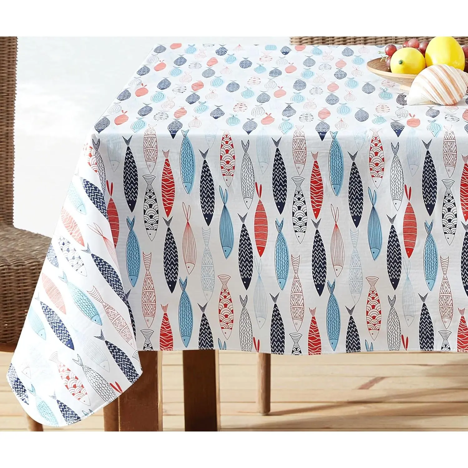 Rectangle Vinyl Flannel Backed Tablecloth, 52 x 70 Inch, Fish School, White Indoor/Outdoor  Table Cloth,  Print