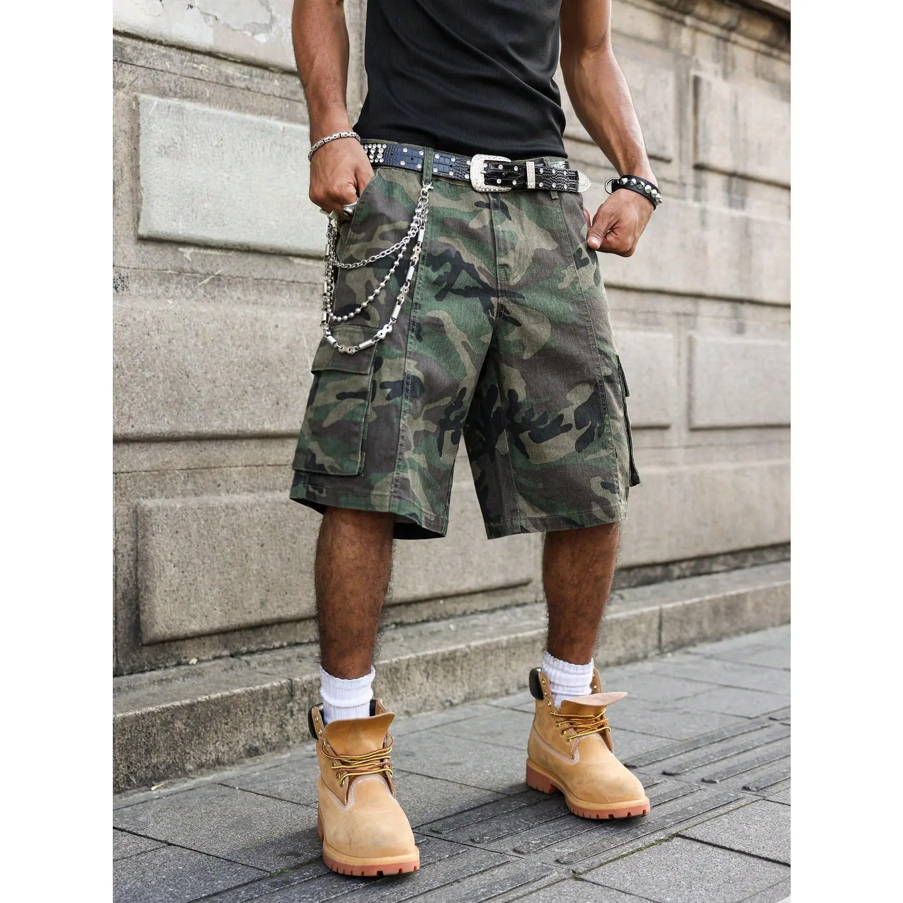 Men's Camo Cargo Denim Jorts - Relaxed Fit Menswear Bottoms with Multiple Pockets, Adjustable Waist, Classic Aesthetics for Streetwear, Pair with Sneakers, Plain Tee, Print Styles
