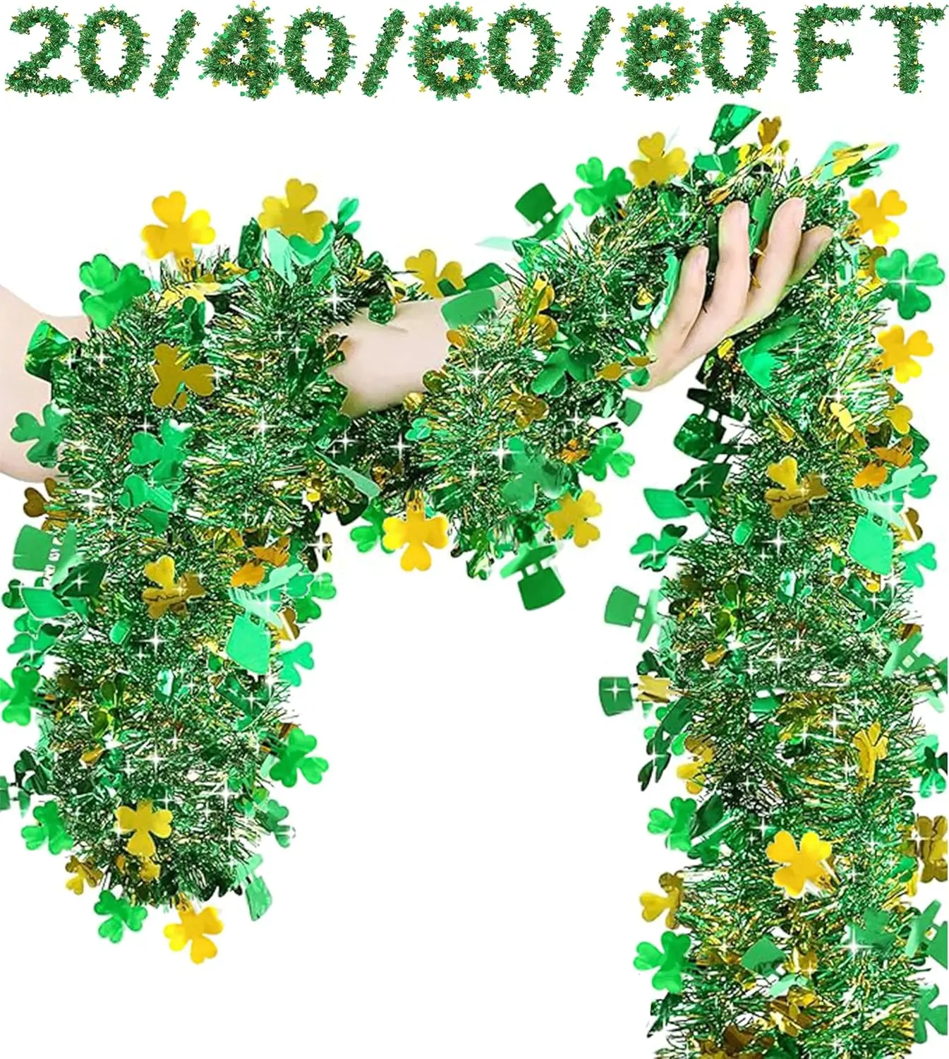 40FT Garland Decor Gold Green Shamrock Hat Tinsel Garland, Shiny Metallic Streamer Twist Garland Hanging St Patricks Day Decorations for Home Indoor Outdoor Party Supplies