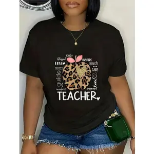 100% Cotton Teacher Life Leopard Apple Teacher's Day Back To School T-Shirt Casual Short Sleeve Shirt