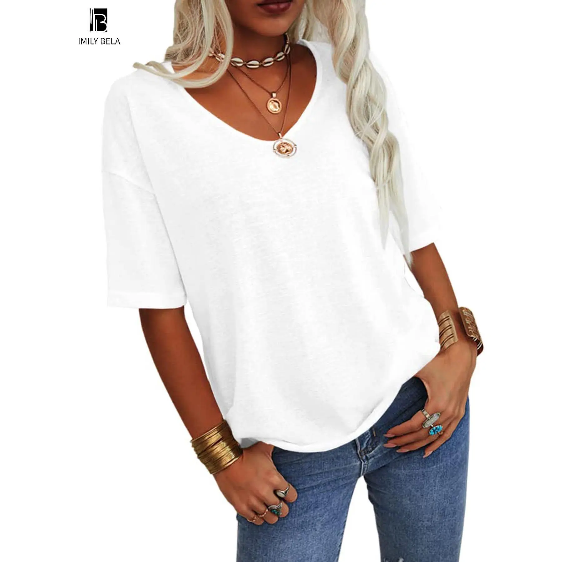 Women's Plain V Neck Drop Shoulder Tee, Casual Chic Minimalist Solid Color Half Sleeve T-shirt for Summer, Women's Basic Top for Daily Wear Women's Plain V Neck Drop Shoulder Tee, Casual Chic Minimalist Solid Color Half Sleeve T-shirt for Summer, Women's Basic Top for Daily Wear