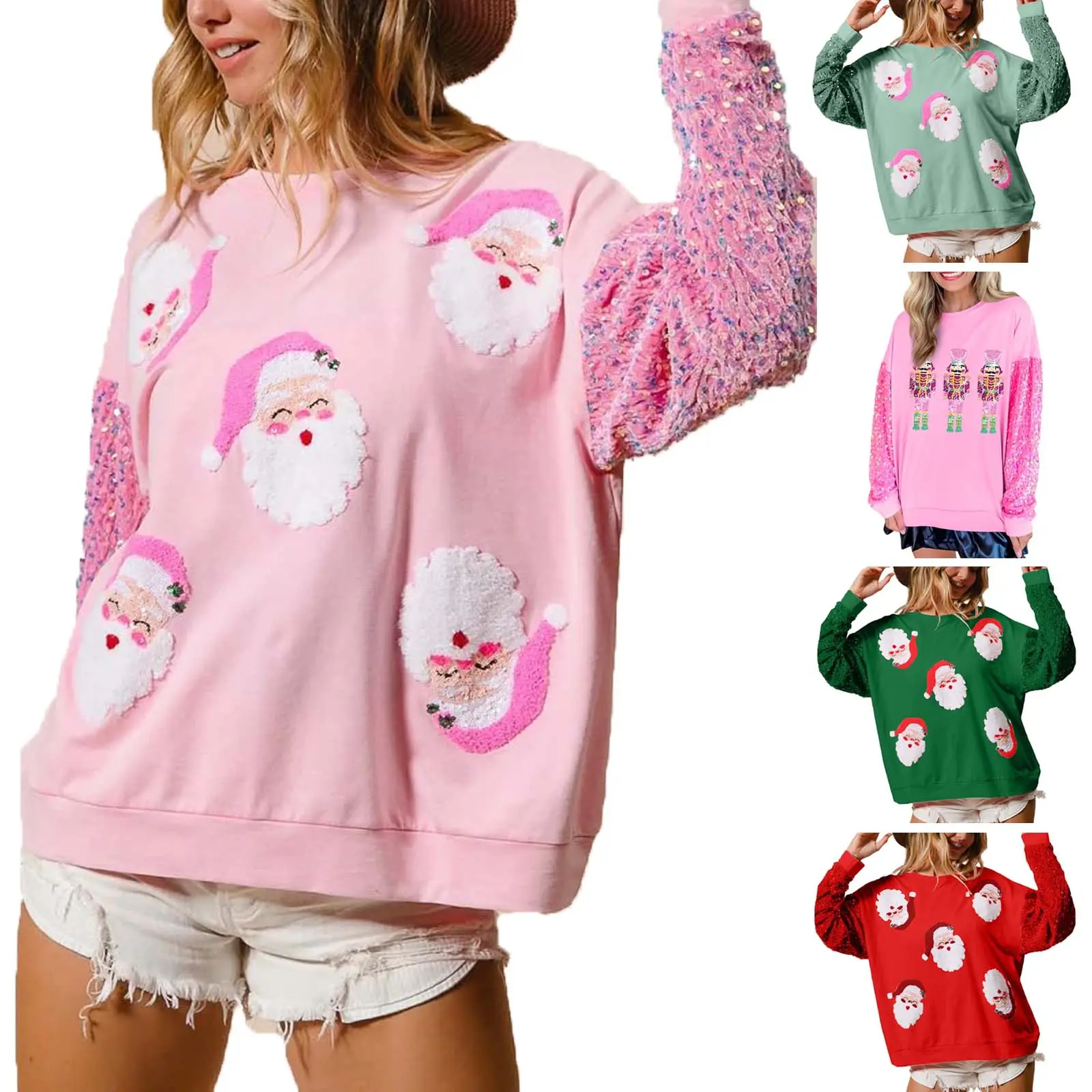 Women's Christmas Sequin Hoodie - Baggy Style, Bling Glitter Patch, Lightweight Crewneck, Sparkly Santa Print, Long Sleeve Fall Winter Costume Top for Party, Pair with Shorts, Jeans, Skirts