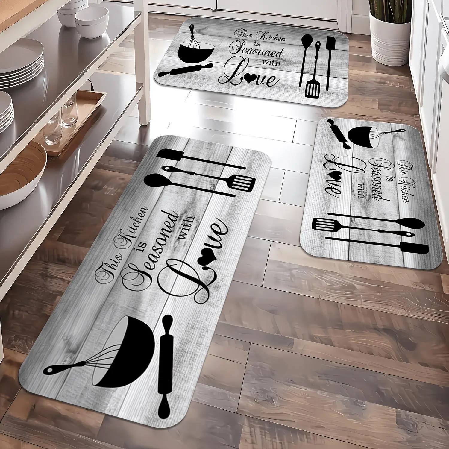 Flannel Floor Mat Wood Grain Letter Design Spring Summer Outdoor Fade Resistant Soft Cushioning Quick Dry Washable Rug for Kitchen Living Bedroom