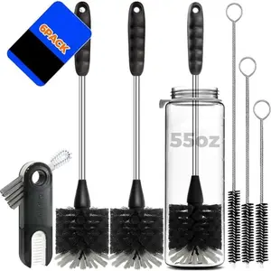 [New Deal] 6 Pack Bottle Brush Set, 14" Long Handle Stainless Steel Bottle Cleaner Brush, 3 Straw Brushes, 3-in-1 Bottle Cleaning Brush for Water Bottle, Baby Bottle, Straws Black