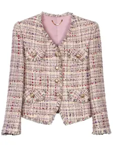 Women's Pink & Purple Plaid Print Tweed Notched Lapel Blazer, Elegant V-neck Single-breasted Outerwear for Spring & Fall, Ladies Clothes for Daily Wear, Suits