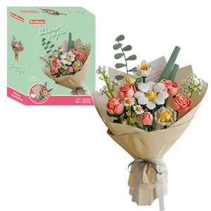 Valentine's Day Flower Bouquet Building Blocks Kit DIY Artificial Flower Bouquet Set Rosa Chinensis & Starry Sky Bouquet for Home Office Decor Graduation Gift（864 pieces of building blocks and bouquet wrapping paper set）