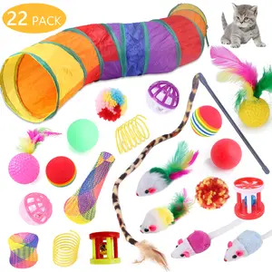Cat Toys Set - 22pcs Interactive Cat Toys for Kittens & Indoor Cats with Rainbow Tunnel, Feather Teaser Wand, Sisal Mice, Bell Balls & Crinkle Balls