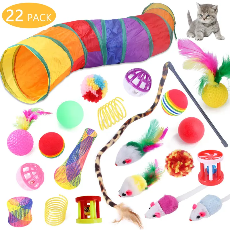 Cute 22pcs Reusable Portable Interactive Cat Toy Set for Kittens - PP Plastic Kit with Rainbow Tunnel, Feather Teaser Wand, Sisal Mice, Bell Balls, Crinkle Balls, Leopard Print Elements for Healthy Exercise, Holidays, Feathers, Digestion Improvement