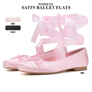 CYNLLIO Womens Satin Ballet Flats Closed Square Toe Chunky Flat Block Heel Elegant Lace Up Bownot Ribbon Ballerina Pumps Strappy Mary Janes Slip On Comfy Wedding Party Casual Work Dating Fashionable Spring Flat Shoes