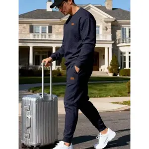 fall outfits Men's casual sportswear thickened sweatshirt set, textured round-neck sweatshirt + tapered sweatpants, leather label design, simple, versatile and trendy two-piece set, Textured Sweatsuit