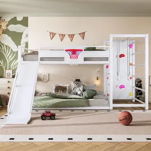 Full size metal loft bed with basketball hoop, pull-up rings, climbing wall, and built-in bookshelves.Playful children's design featuring a slide,White