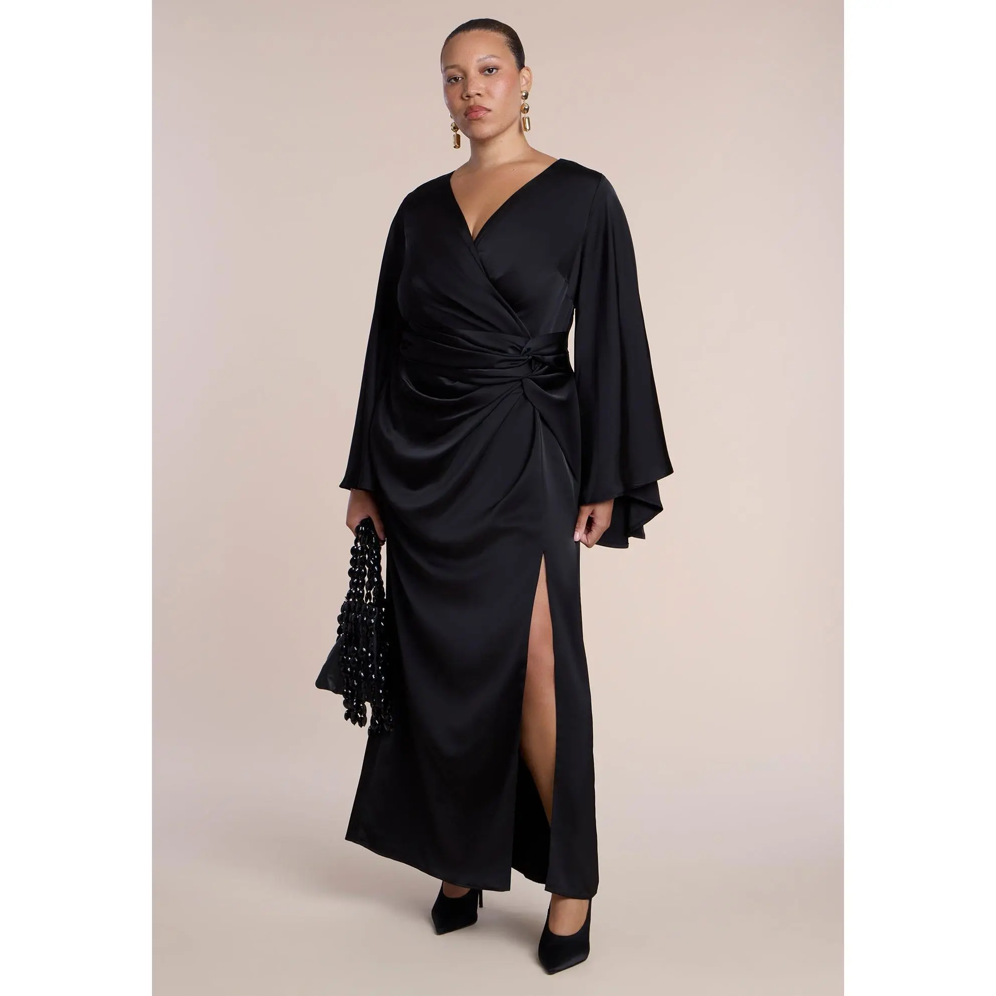 ELOQUII Women's Plus Size Flare Sleeve Satin Maxi Dress