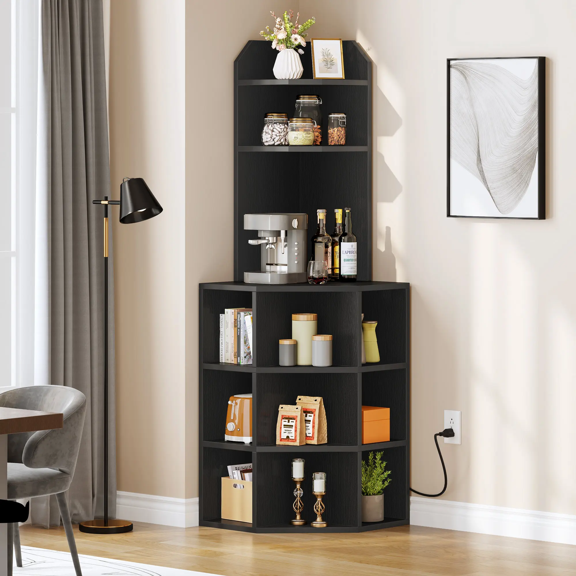 YITAHOME Corner Shelf with USB Ports & Outlets, Modern Corner Storage Cabinet Rack Charging Station, Wooden Display Bookshelf Bookcase for Living Room, Bedroom, Dining Room, Kitchen