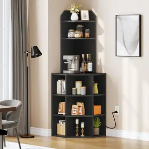 YITAHOME Corner Shelf with USB Ports & Outlets, Modern Corner Storage Cabinet Rack Charging Station, Wooden Display Bookshelf Bookcase for Living Room, Bedroom, Dining Room, Kitchen