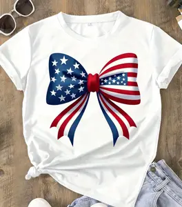 Trebalena Women's 100% T-Shirt - Casual Short Sleeve Round Neck Top with Patriotic Bow Flag Print (American Flag & Stars/Bows) for Spring Summer Outfits - Comfortable Casual Attire for Holidays & Special