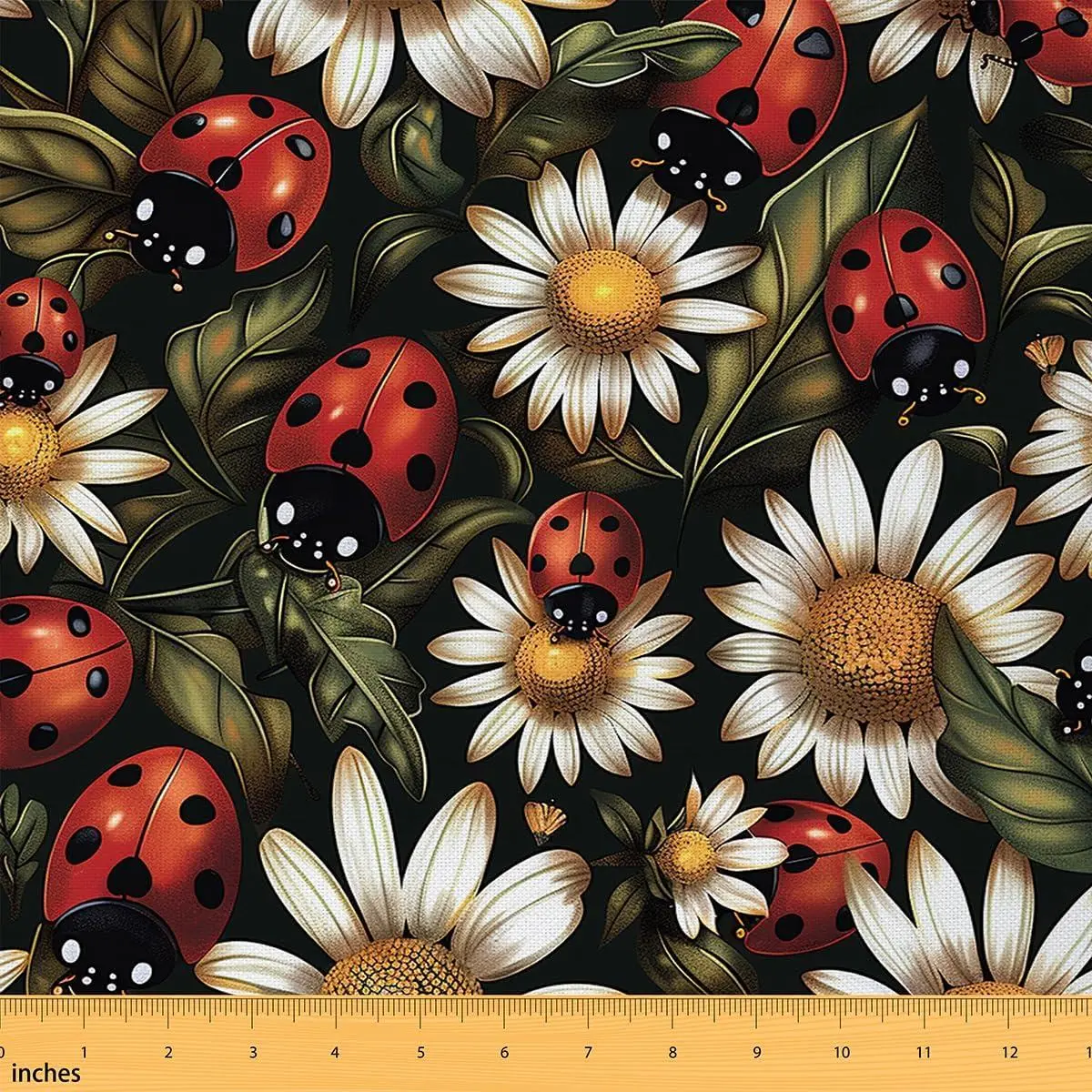 Cute Ladybug Fabric,Sunflower Leaves Botanical Decor Fabric Sewing Supplies,Rustic Farmhouse Style Fabrics Soft Flannel Polyester No Stretch,Dark Green