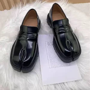 Men's Black Glossy Leather Split-Toe Platform Penny Loafers - Slip-On, All-Day Comfort, Suitable for Casual & Formal Outfits Footwear