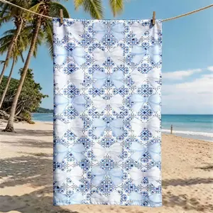 A Blue and White Bow & Floral Pattern All-over Printed Beach Towel - Oversized, Skin-friendly, Absorbent and Quick-drying, Perfect for Beach and Pool Leisure, Ideal for Summer Trips - Suitable for Seaside Vacations, Pool Parties and Outdoor Picnics