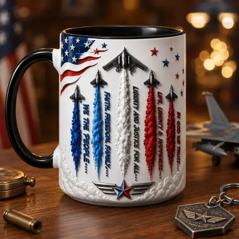 3D EFFECT We The People Mug, Patriotic Fighter Jet Coffee Cup, American Flag Military Mug, Veteran Gift, Fourth of July Gift