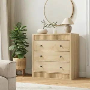 Natural Oak 31.5" Wide Nightstand with 3 Drawers, Fluted Bedside Table with Storage, Modern Wooden End Table for Bedroom