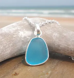 Cornflower Blue Bezeled Sea Glass Necklace