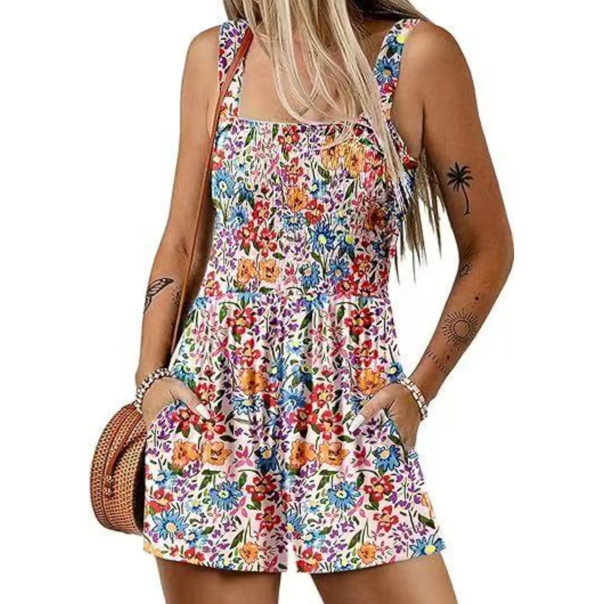 One Piece Sleeveless Jumpsuits with Pockets Floral Print Summer Outfits Rompers for Women 2026 Casual Loose Short Overalls Womenswear Chic