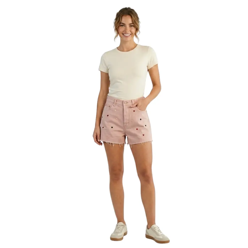 Wildgeese Handcrafted Heart Embroidered Denim Shorts – Unique Handmade Pink Cut-Off Shorts