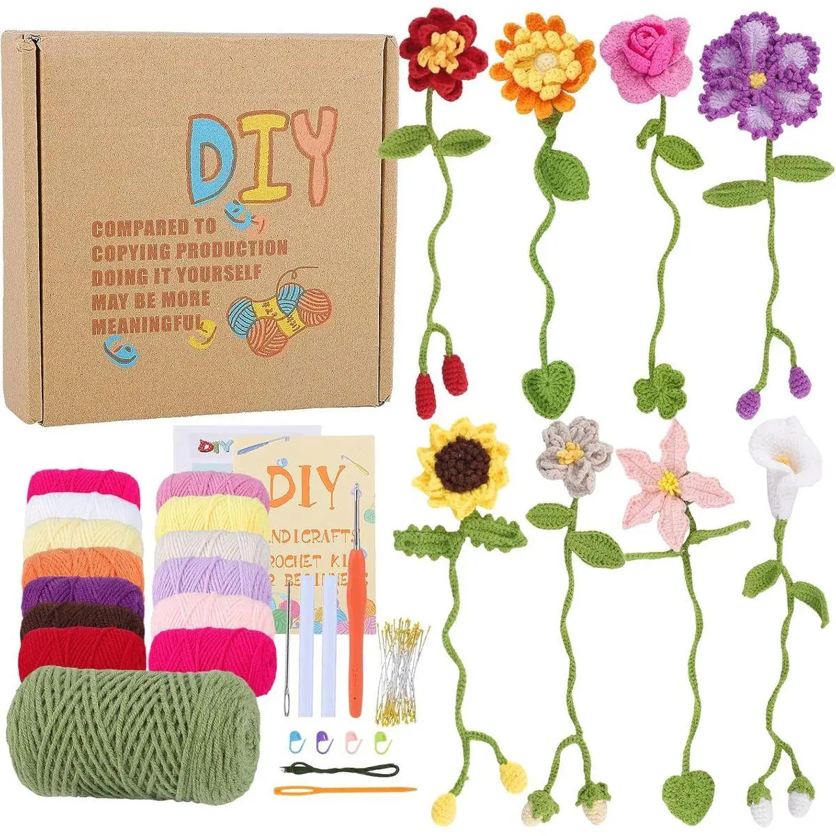 8 Pcs Crochet Flower Bookmarks, Handmade Floral Bookmark Knitting Kit with English Instructions Hook Yarn for Mothers Day Gifts Book Lovers