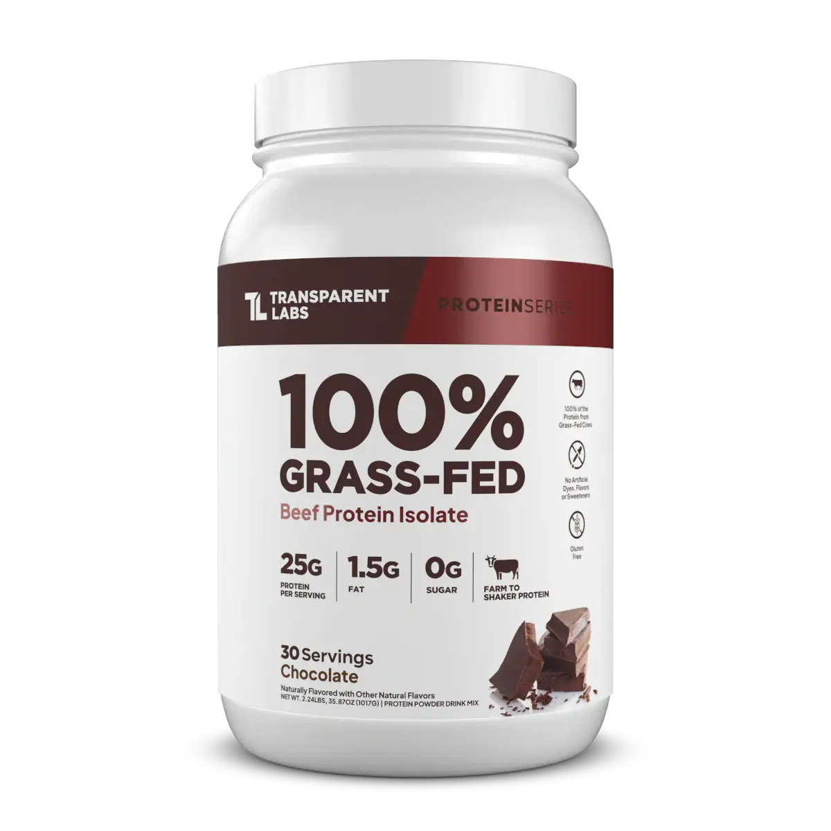 Transparent Labs Grass-Fed Beef Protein Isolate Powder - Low Fat Protein Supplement for Adults, 25g Lean Servings, 30 Count, Dairy Free, Clean Ingredients, Prop 65 Safe, Blendable Fitness Fuel for Dietary Swaps