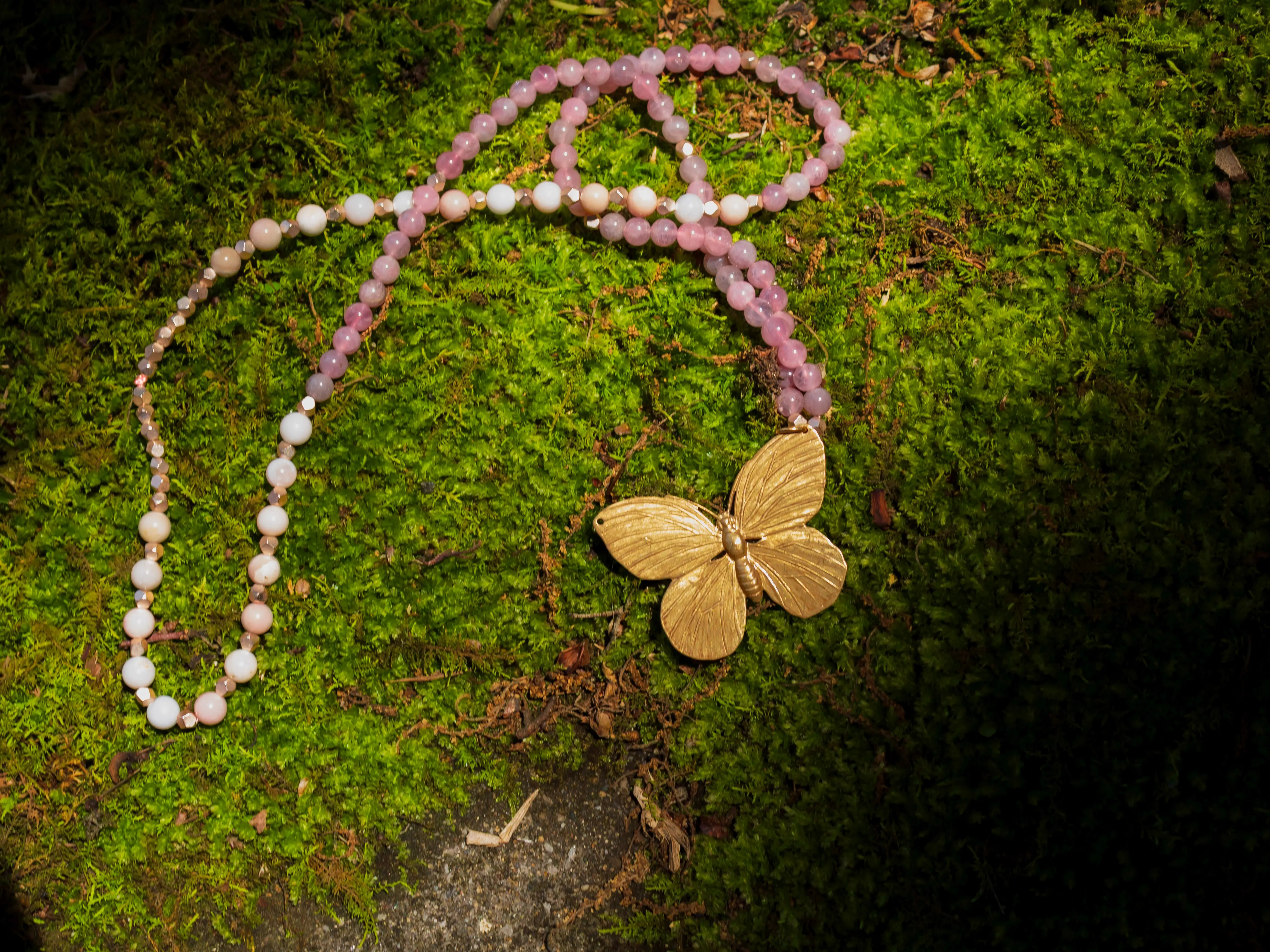 Madagascar Rose Quartz and Peruvian Pink Opal Butterfly Necklace