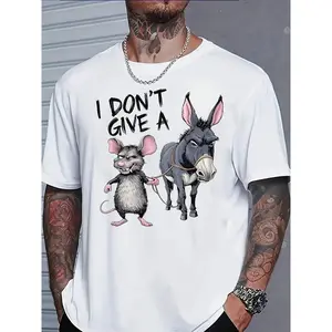Classic Men's Fashion Casual Trendy Adult Graphic T Shirt with I Dont Give A Phrase Smiling Mouse Holding Leash Leading Grumpy Donkey Animal Print Summer Street Style Outfit for Adults Men vacation