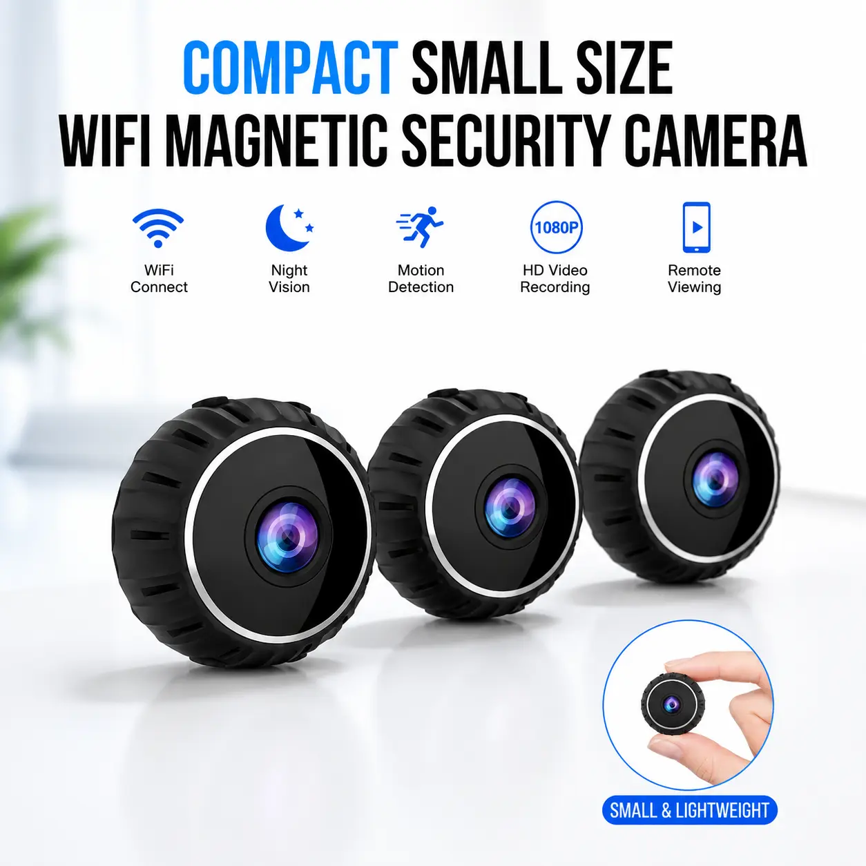 Compact Small Size WiFi Magnetic Security Camera - 1080P HD Video Recording, Night Vision, WiFi Connect, Office & Car Monitoring, Indoor Surveillance Camera