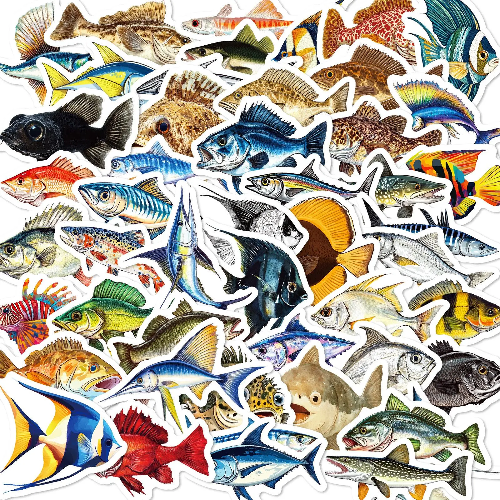 Fishing Series Sticker, 50pcs/set Colorful Fun Stickers Self Adhesive Decor Paper, Decor Decal Sticker for Gift Greeting Card Water Bottle Laptop Phone