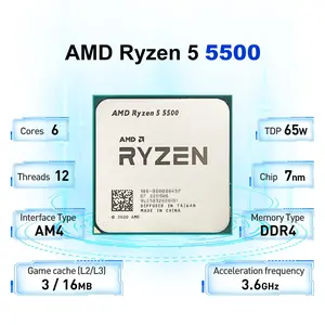 AMD Ryzen 5 5500 6-Core 12-Thread Cpu, Ddr4 7nm, 16mb L3 Cache, 3.6ghz, 65w, Am4 Interface, New Processor Without Fan