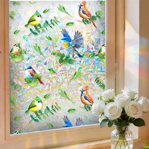 3D Rainbow Bird & Leaf Window Privacy Film Decorative Static Cling UV Blocking No Peeling No Glue with Installation Kit 17.5x78.7 Inches