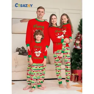 Family Christmas Pajamas Set, Cute Reindeer Print Sleepwear, Long Sleeve Fitted Nightgown for Fall & Winter, Casual Home Wear