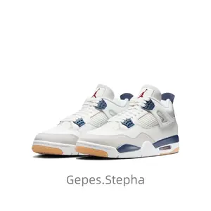 New white and blue versatile men's and women's sports shoes, navy blue retro mid-top basketball shoes