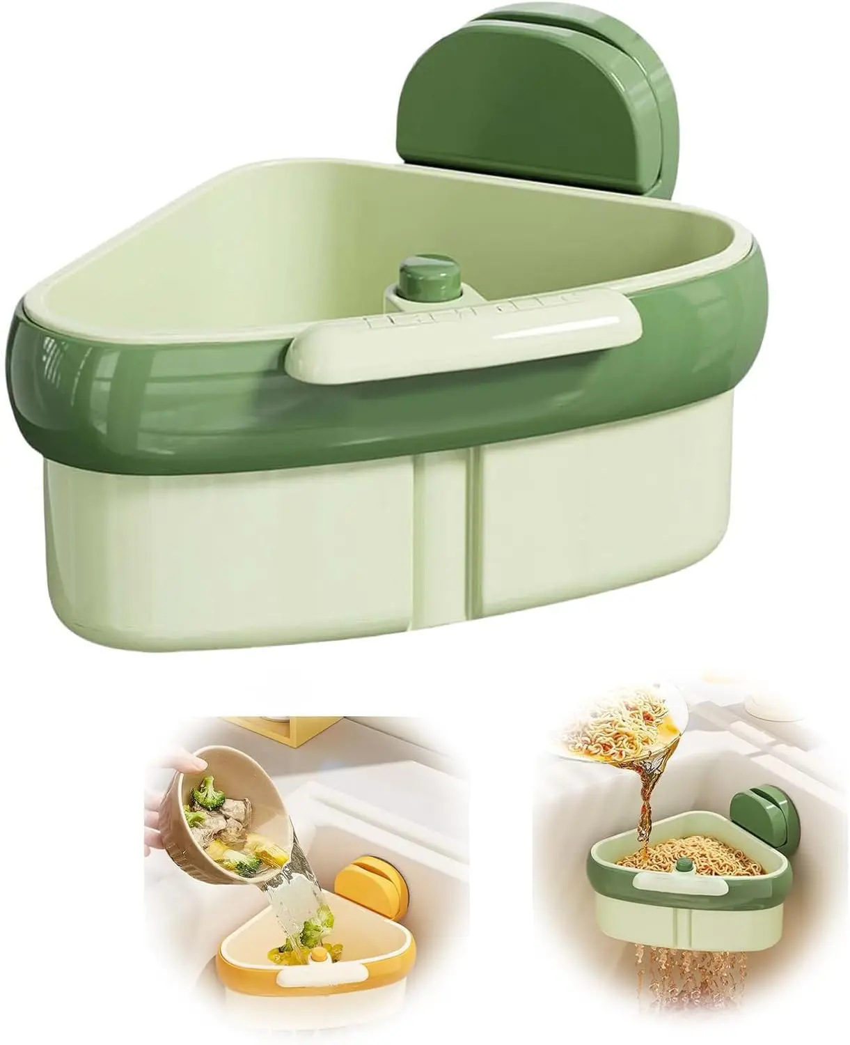 New Upgraded Suction Cup Sink Corner Rack (Green) – Triangular Drain Basket with Drain Hole, Automatic Dumping Strainer & Sponge Storage, Space-Saving Food Waste Catcher for Kitchen