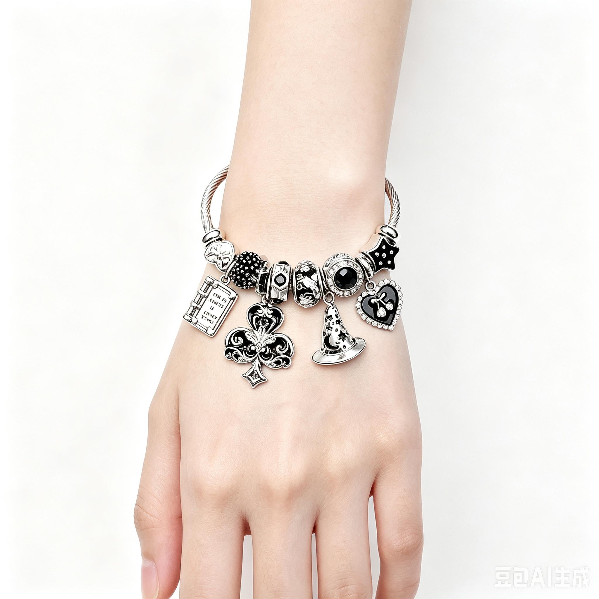 Open Adjustable Wire Bangle Bracelet, Magic Wizard Hat Clover Book Heart Star Charms Beads Silver Tone Bracelet, Fashion Jewelry Gift for Women Girls