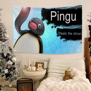 Cartoon Cute Pingu Penguin Flags Flag - Ultra Soft Skin-Friendly Machine Washable Fade Resistant Banner | HD Print Lightweight Durable Outdoor Indoor Garden Flag Wall Hanging Tapestry