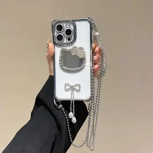 Transparent, Shock-Resistant Rhinestone Cat-Printed Mirror Phone Case Cover For iPhone 17 16 15 14 Plus 13 12 11  Pro Max with A Bow Pendant and Long Crossbody Chain