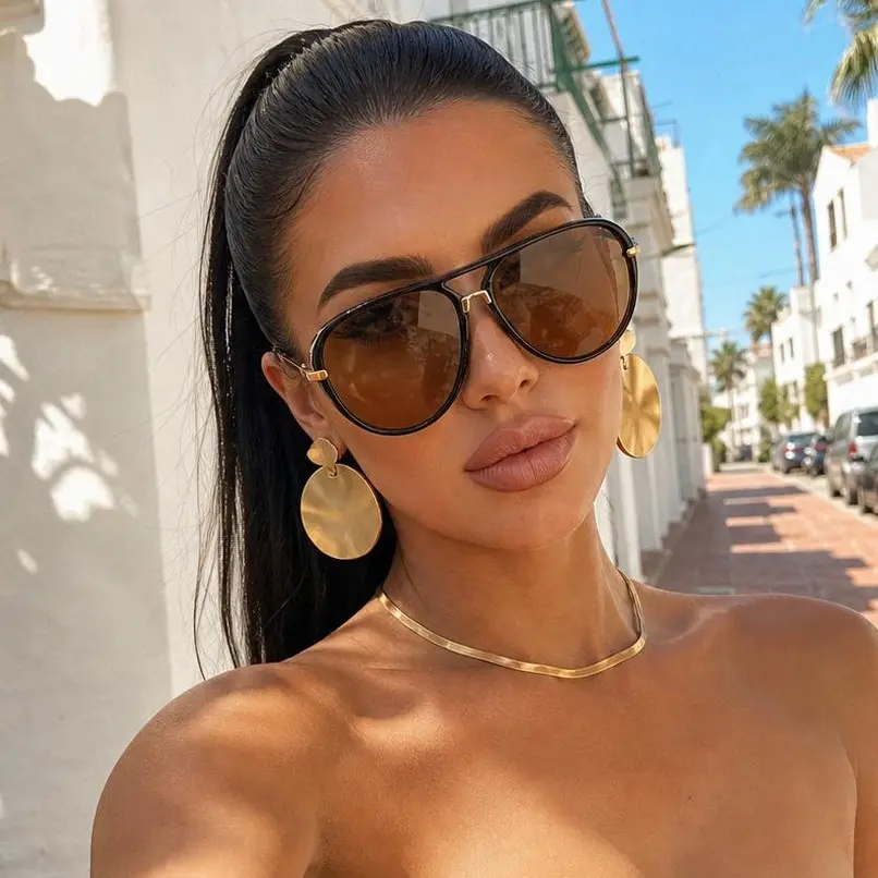 Women's Vintage Double Bridge Sunglasses, Chic Double-Beam Vintage Frame Sunglasses, Oversized Luxury Retro Eyewear for Casual Wear with Polycarbonate Lenses, Chic Sunglasses, Double Beam Sunglasses